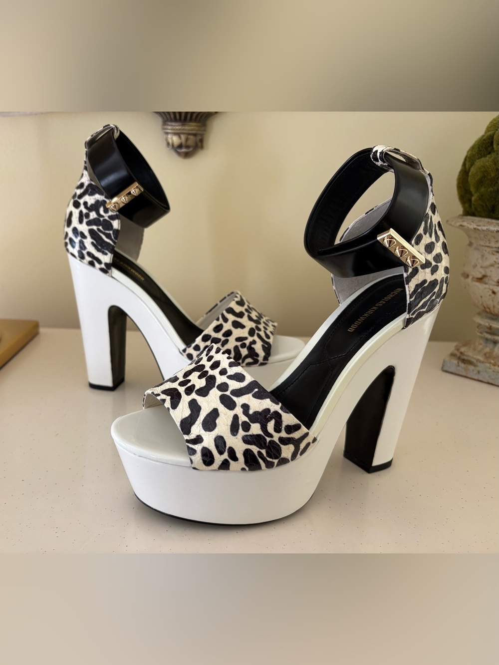 Nicholas Kirkwood Leopard Print Platform Heel Sandals in Black and White